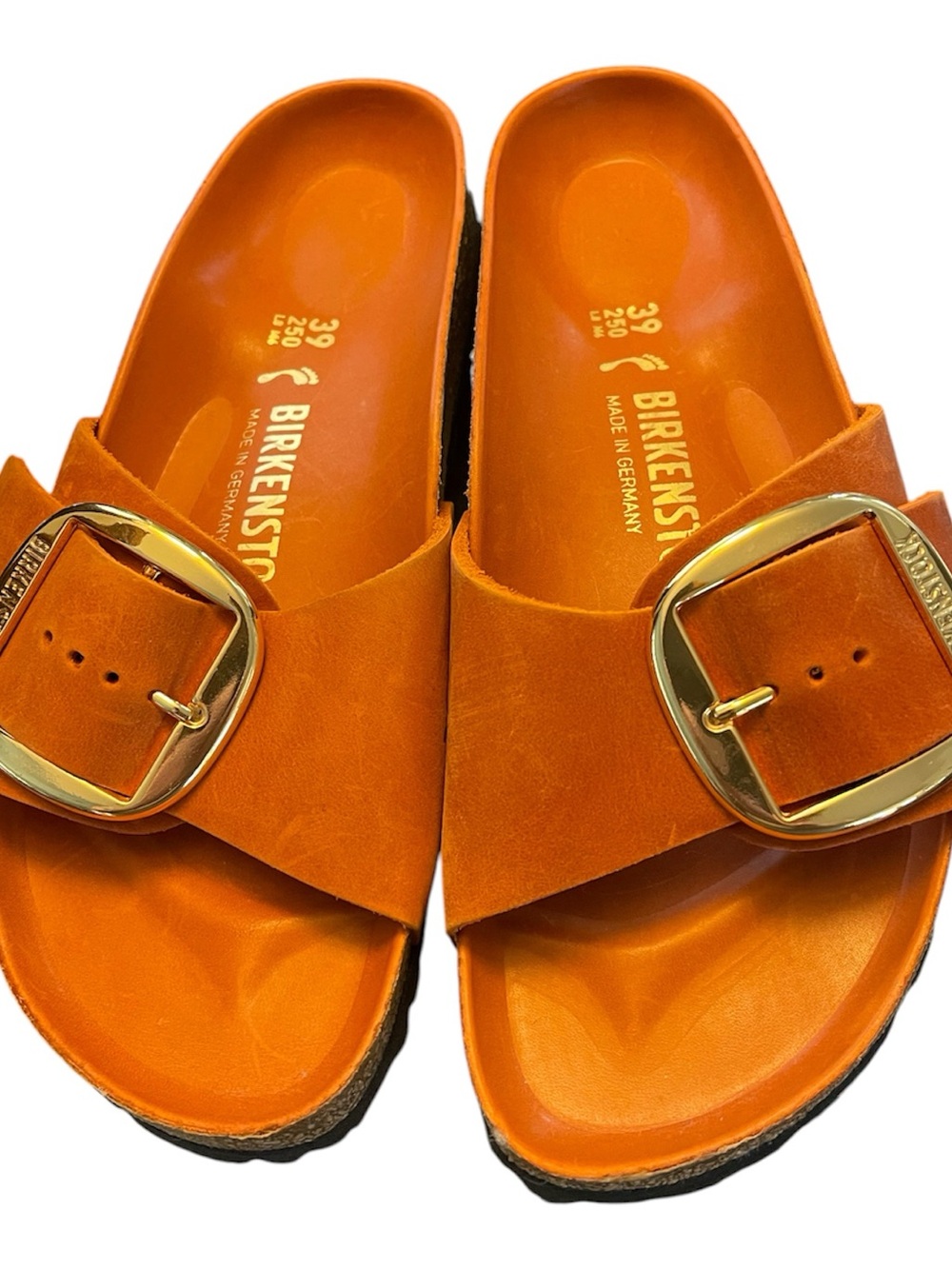 Birkenstock Orange Suede Madrid Sandals with Gold Buckles